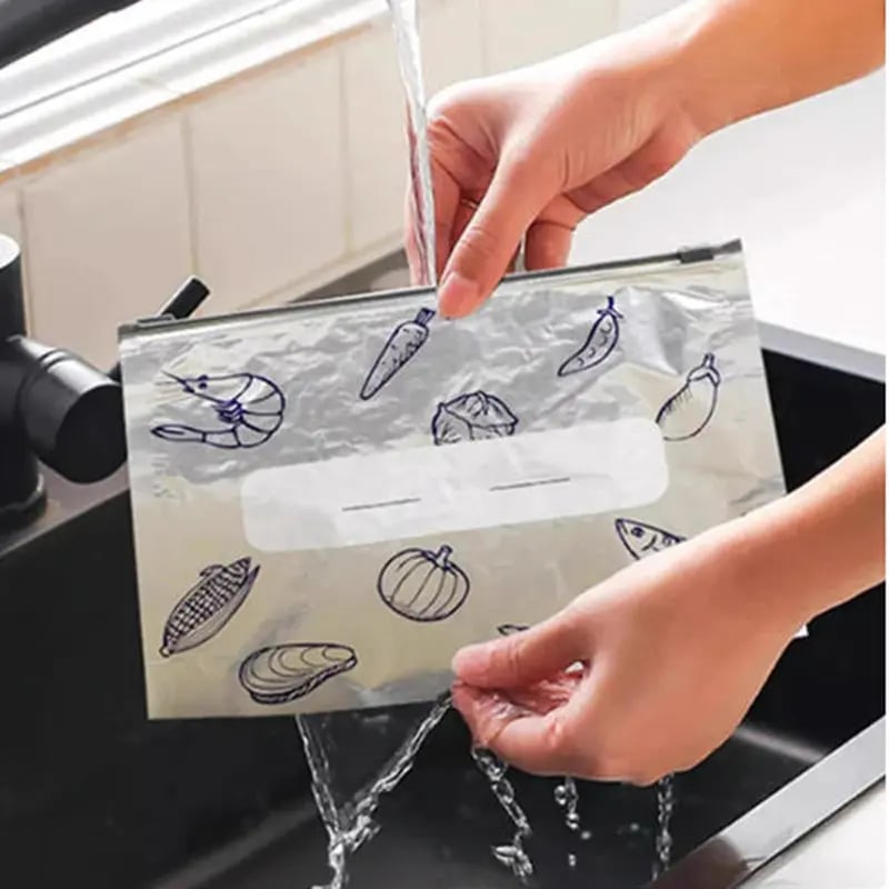 (30pcs )Reusable Aluminum Foil Sealable Storage Bags, 2025 New Resealable Vacuum Zipper Pouches for Food, Stand Up Foil Sealable Bags with Label and Zip Lock for Vegetable Fruit Meat